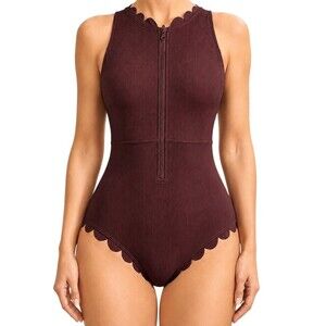 NEW Charmo Scalloped One Piece Swimsuit Womens Large Ribbed Wine Red Racerback